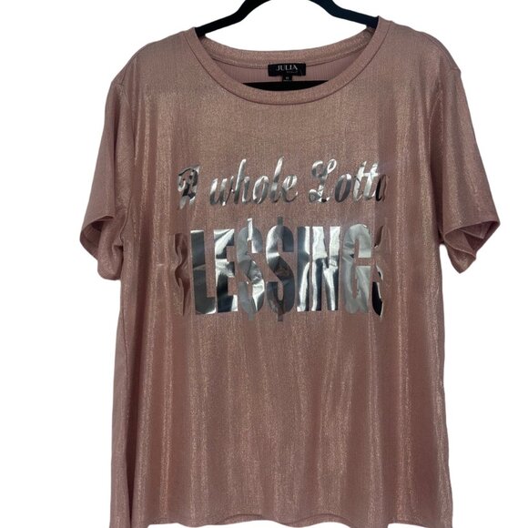 NWT Metallic Shimmer Tee A WHOLE LOTTA BLE$$INGS Dusty Rose Size 1X - Picture 2 of 6